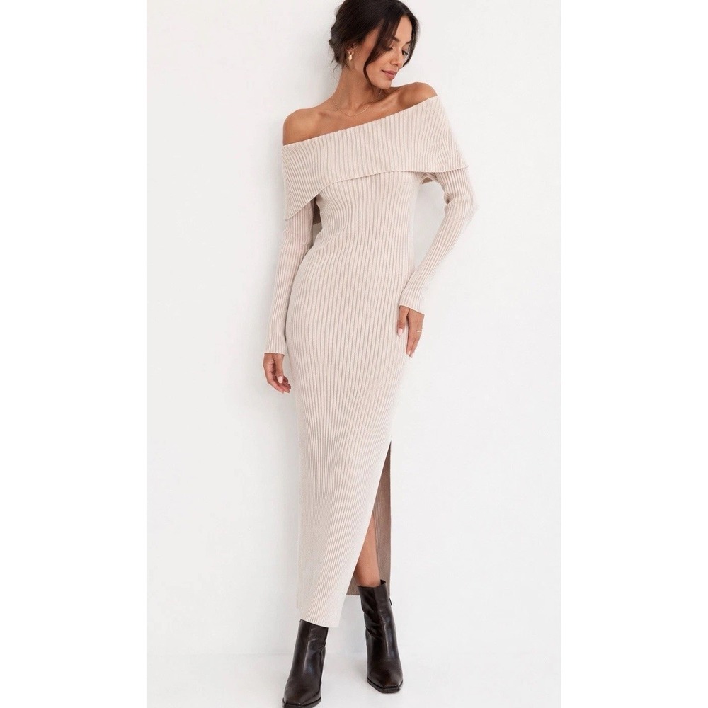 Anthropologie Maxi Dress Women XS Beige Off Shoulder Ribbed Knit Bodycon Slit